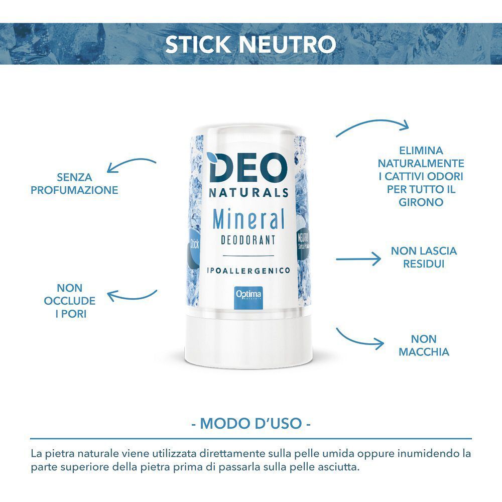 Deodorante stick Deo Naturals Mineral, ipoallergenico, senza profumo, non ostruisce i pori.