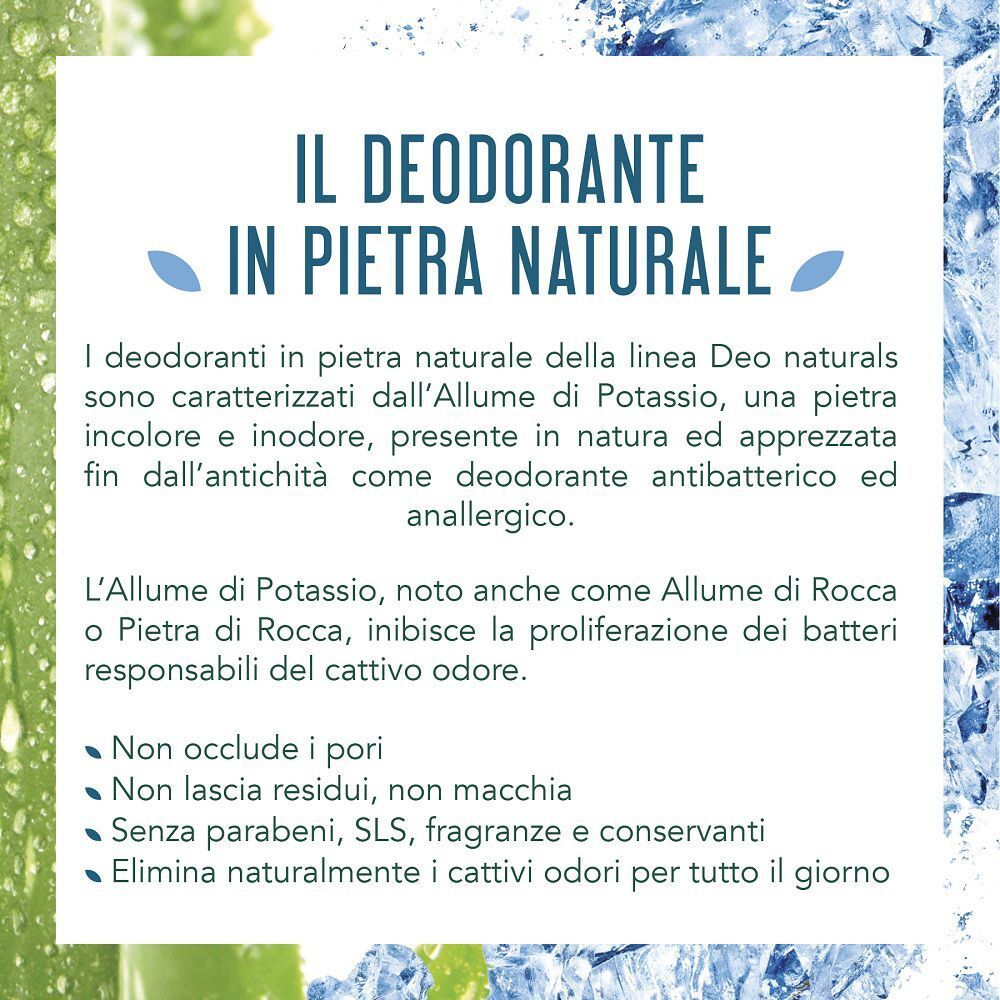 Informazioni su un deodorante naturale in pietra di potassio, incolore e inodore.