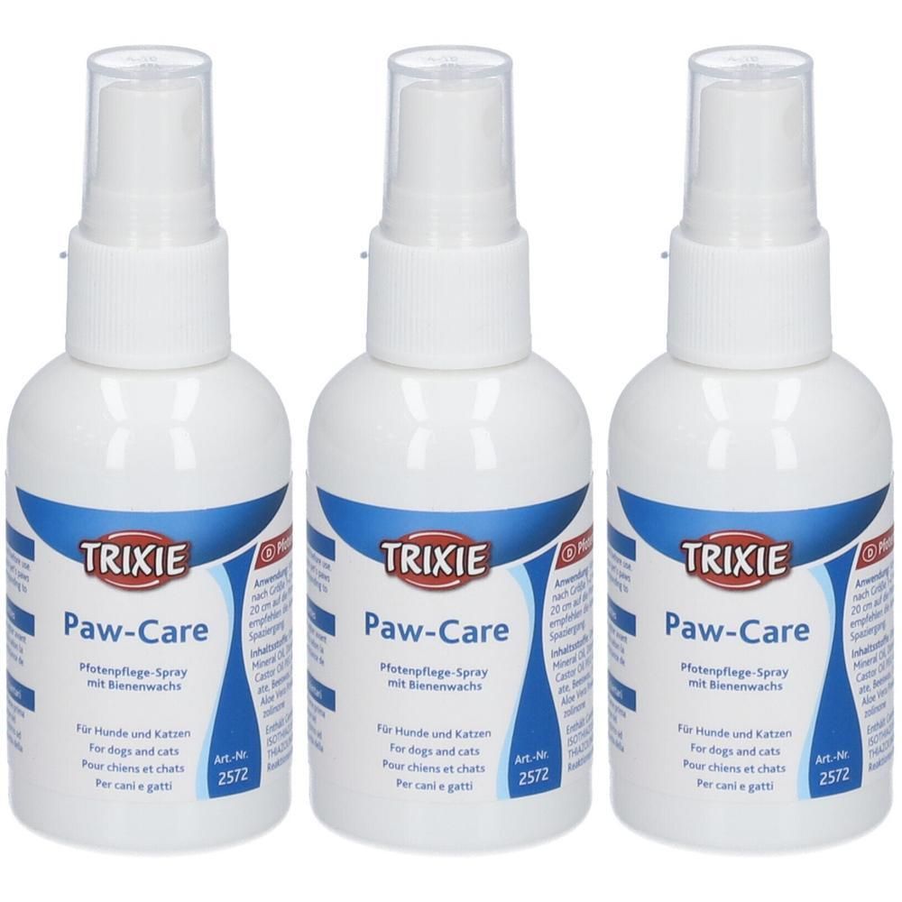 Tre flaconi di spray Trixie Paw-Care per zampe con cera d'api.