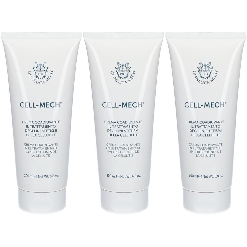 Tre tubi bianchi di crema CELL-MECH con logo e testo.