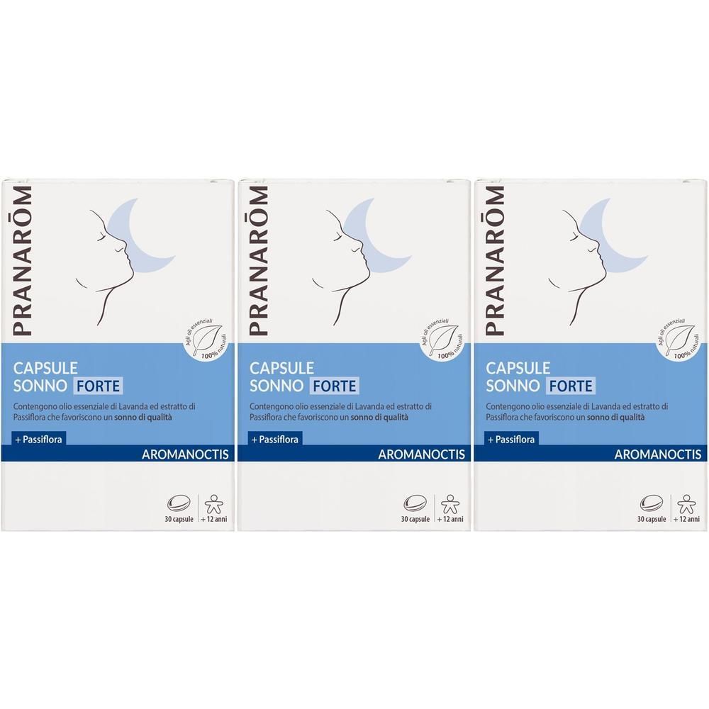 Tre confezioni Pranarom Aromanoctis Capsule Sonno Forte con simbolo luna del sonno.
