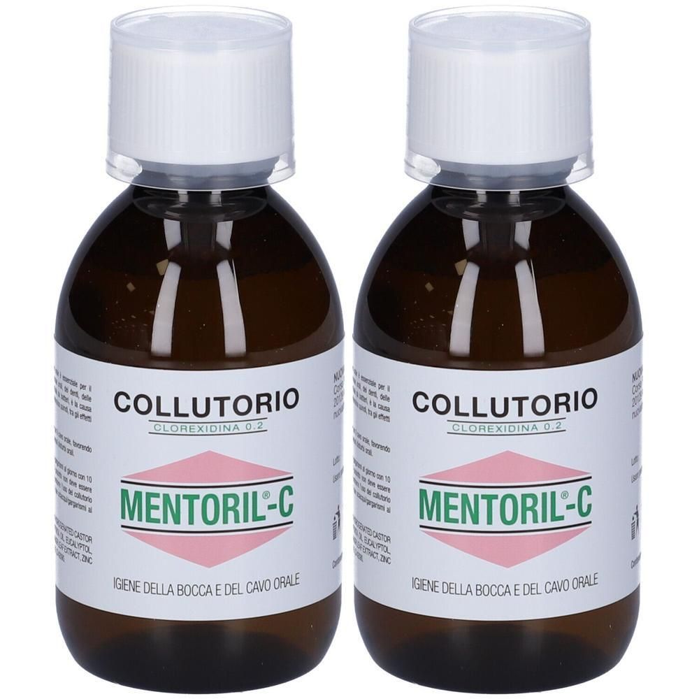 Due flaconi in vetro marrone con tappo a vite bianco, contenenti un liquido scuro. Etichette riportano "COLLUTORIO MENTORIL-C".