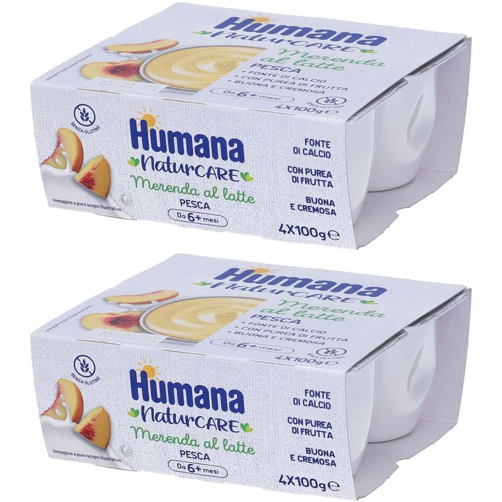 Due confezioni di dessert al latte pesca Humana Naturcare, 4x100g ciascuna.