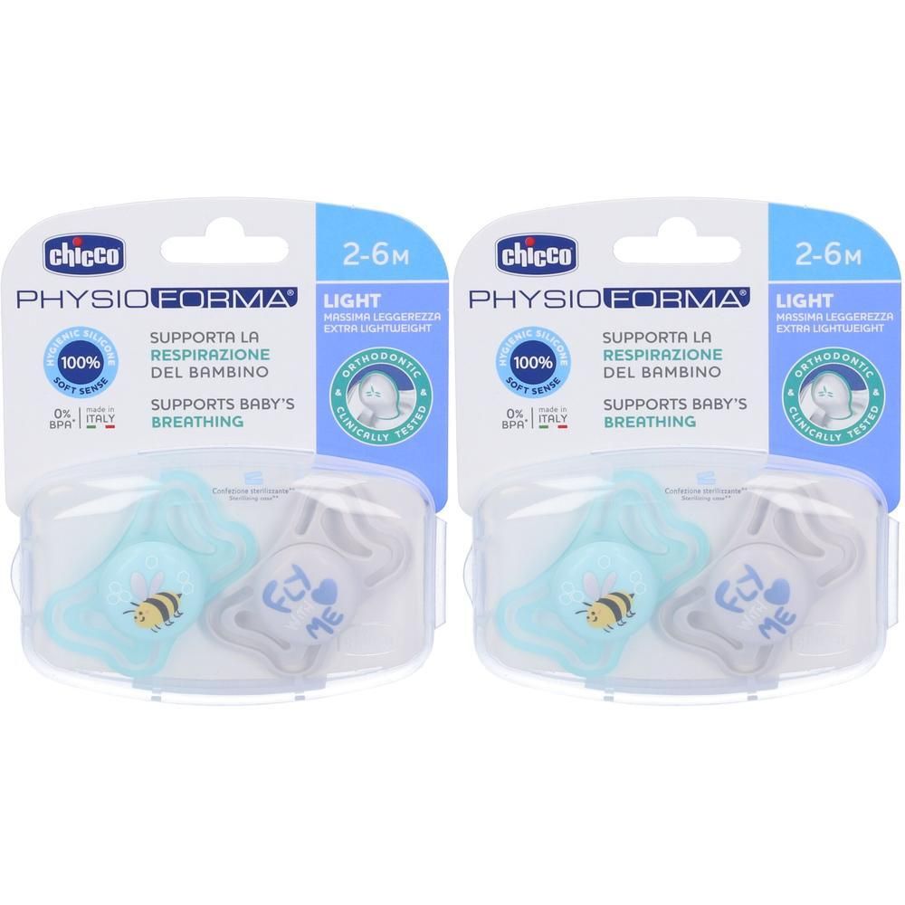 Due succhietti Chicco Physioforma Light, 2-6 mesi, azzurro e grigio, con ape e scritta 'Fly Me'.