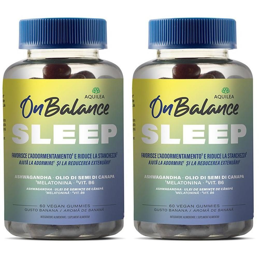 Due flaconi di Aquilea OnBalance Sleep caramelle gommose con tappo blu.