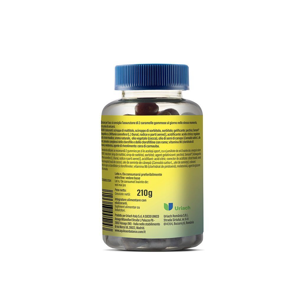 Retro di un flacone di Aquilea OnBalance Sleep caramelle gommose con informazioni nutrizionali e peso.