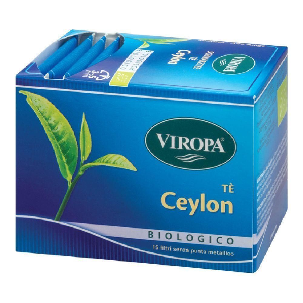 Virosa Te' Ceylon Biologico: 15 filtri senza punto metallico in scatola blu con disegno foglia di tè.