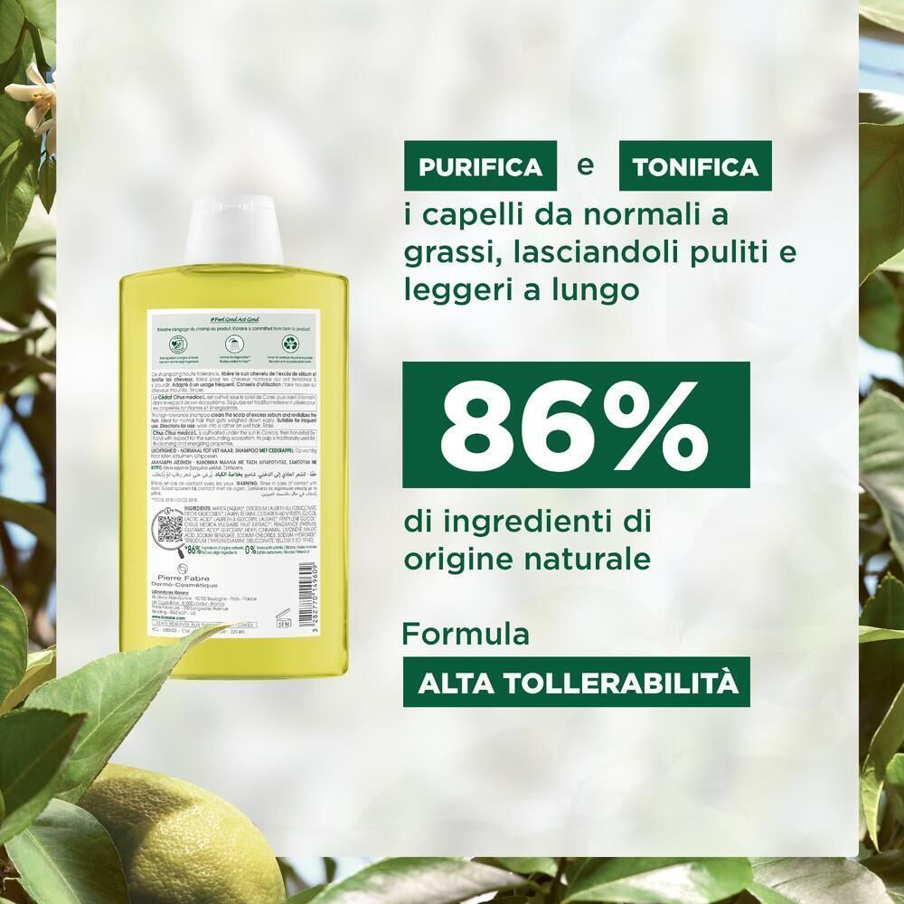 Flacone giallo di shampoo, retro con testo e icone. Accanto, caselle informative verdi con testo e percentuali.