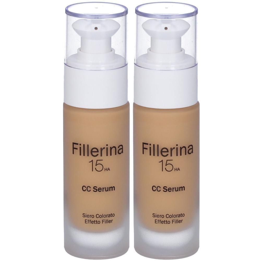 Due flaconi di Fillerina 15 HA CC Serum color beige con dispenser a pompa e tappi trasparenti.