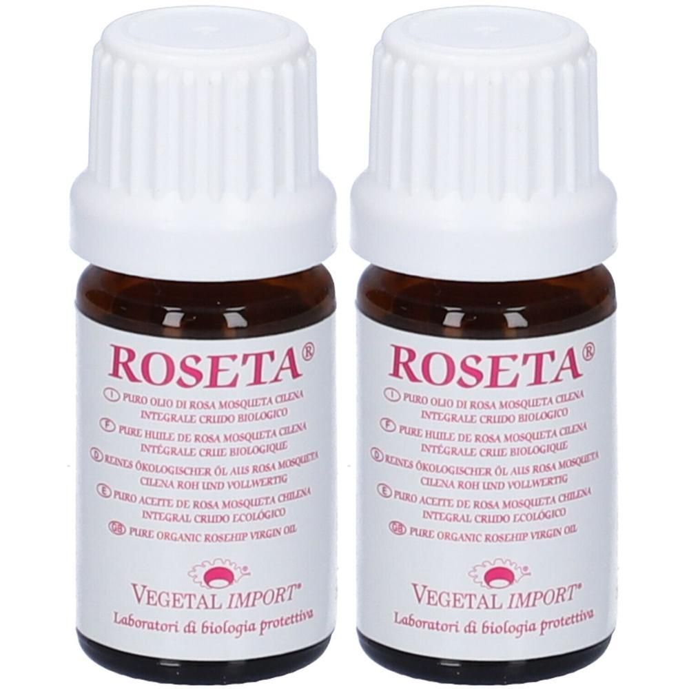 Due flaconi di olio di rosa mosqueta biologico Roseta.
