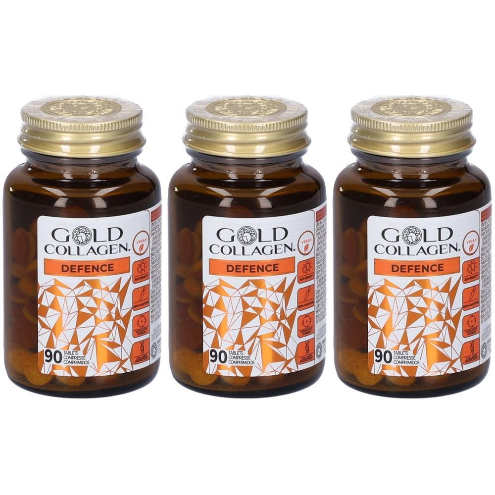 Tre flaconi di compresse Gold Collagen Defence, 90 compresse ciascuno.