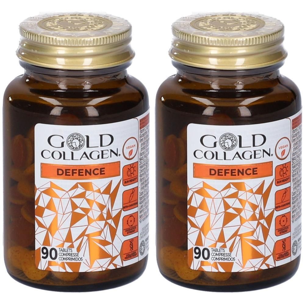 Due flaconi di compresse Gold Collagen Defence, 90 compresse ciascuno. Flaconi in vetro ambrato con tappi dorati.
