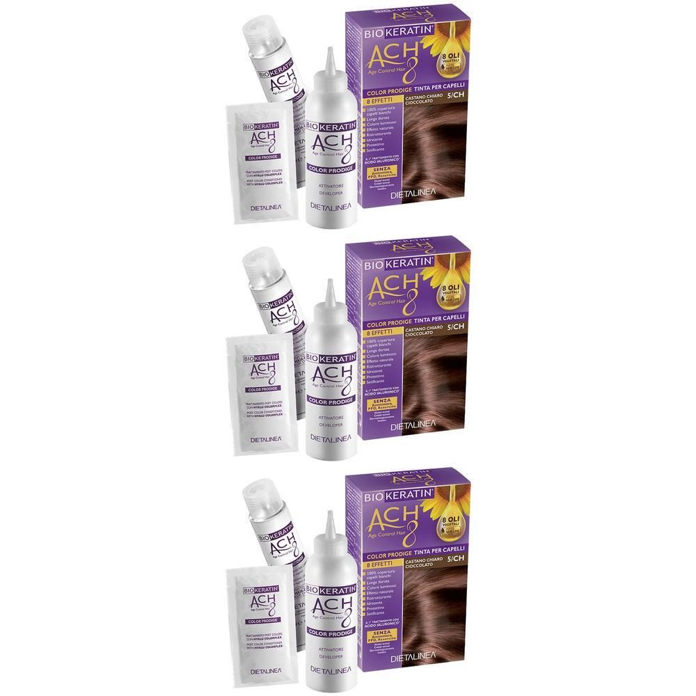 Tre confezioni di tintura per capelli Bio-Keratina, ACH2, color cioccolato. Ogni confezione contiene una bottiglia e un flaconcino.