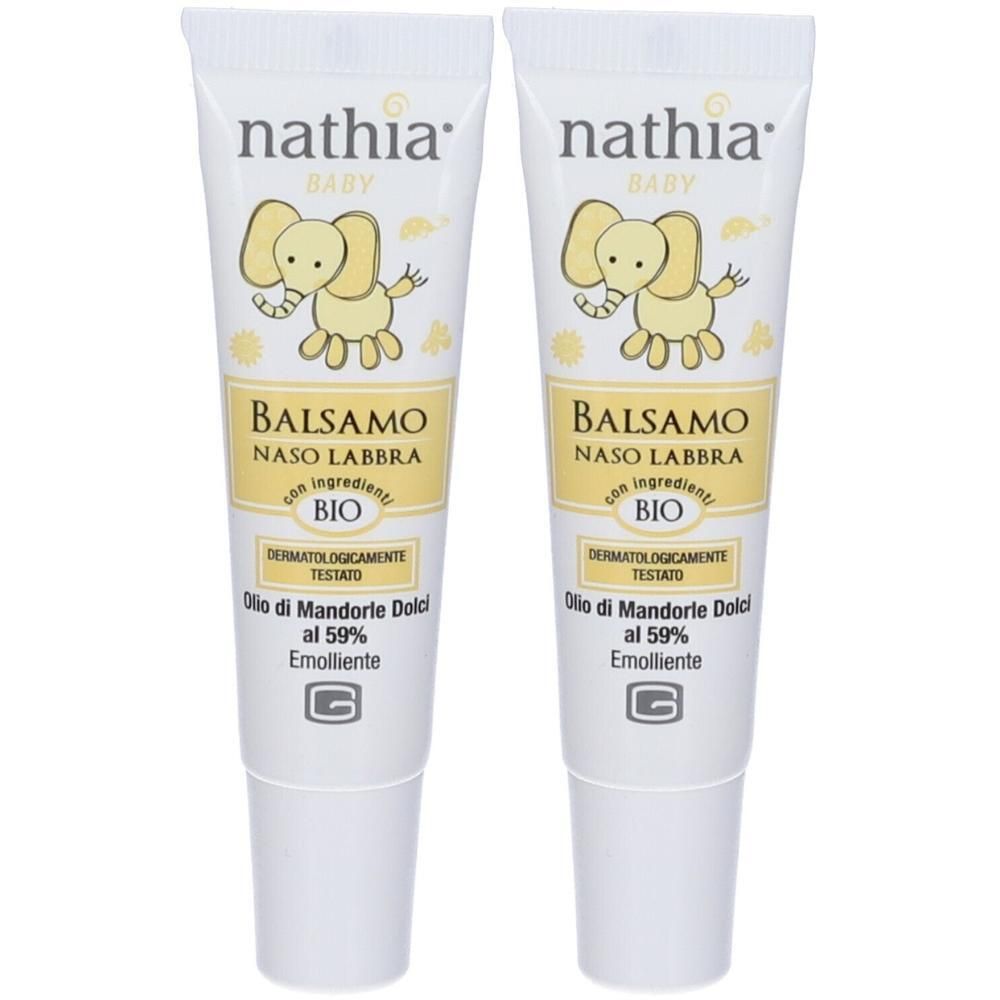 Due tubetti di Nathia Baby Balsamo Naso Labbra con disegno di elefante. Bio, dermatologicamente testato.