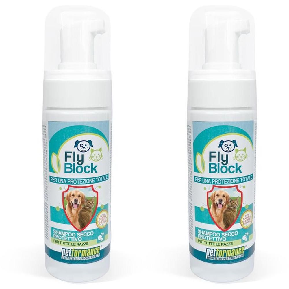 Due flaconi di shampoo secco Fly Block per tutte le razze.