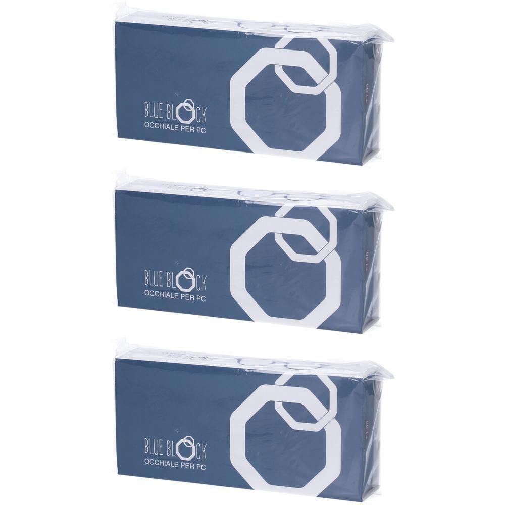 Tre confezioni di occhiali blu anti-luce blu per computer, con etichetta 'BLUE BLOCK OCCHIALE PER PC'.