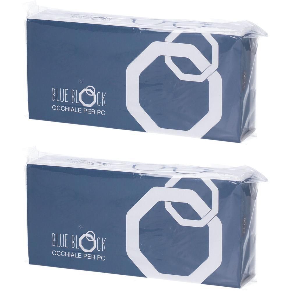 Due confezioni blu per occhiali PC, con scritta "BLUE BLOCK OCCHIALE PER PC".