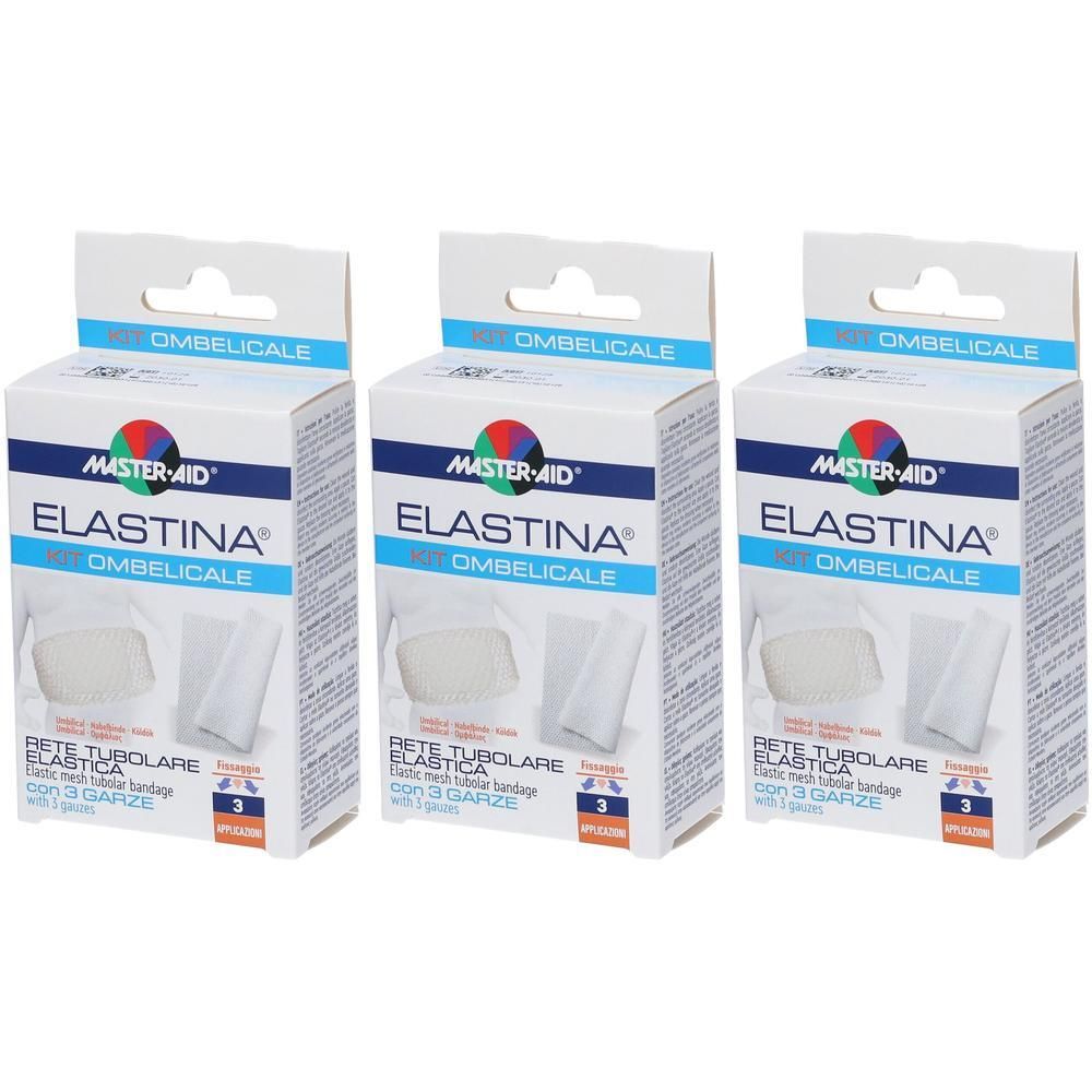 Tre confezioni di Master-Aid Elastina Kit Ombelicale, rete tubolare elastica con 3 garze.