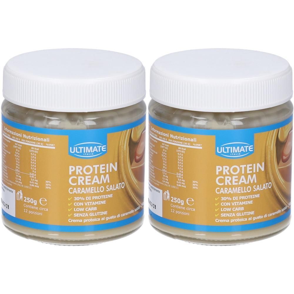 Due barattoli di Ultimate Protein Cream Caramello Salato, 250g ciascuno. Contiene 30% proteine, vitamine, low carb, senza glutine.