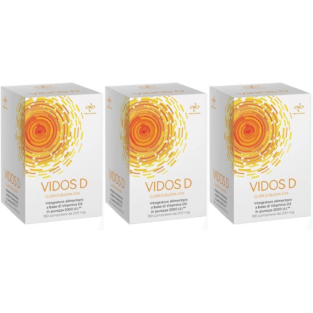 Tre scatole di Vidos D, integratore alimentare a base di Vitamina D3, 180 compresse per scatola.