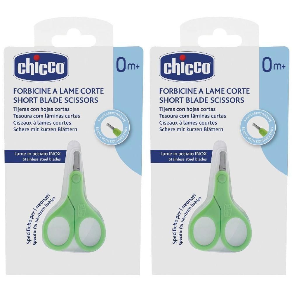Due confezioni di forbicine Chicco per neonati a lama corta, verdi, da 0 mesi.