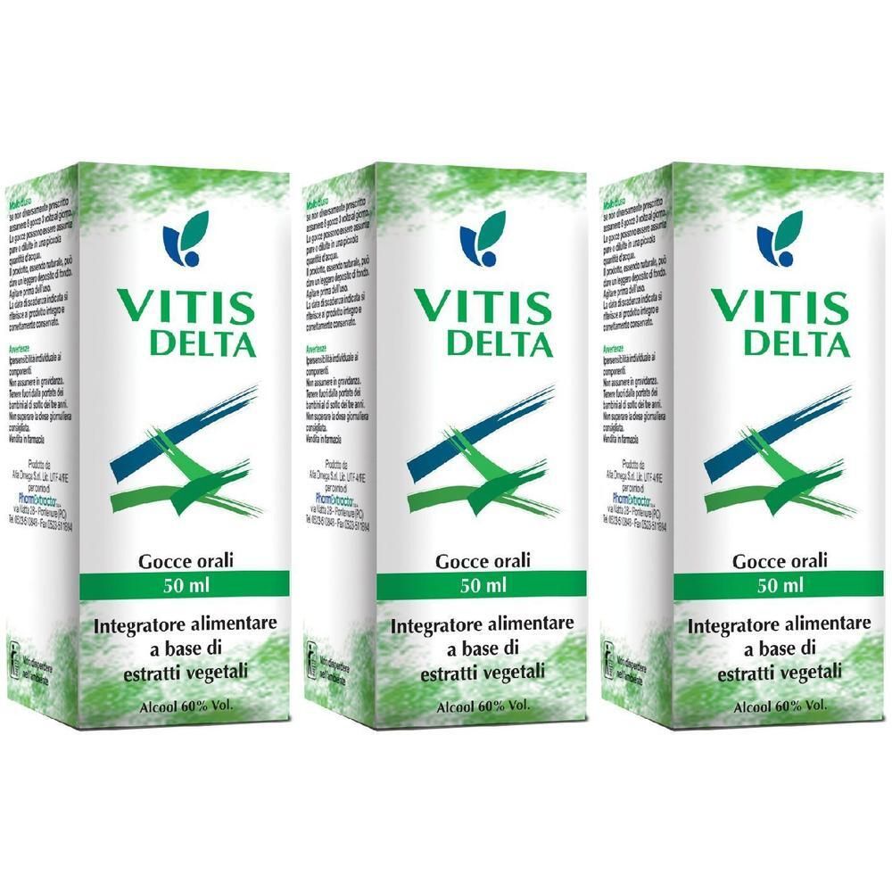 Tre scatole di Vitis Delta, gocce orali, 50 ml, a base di estratti vegetali.