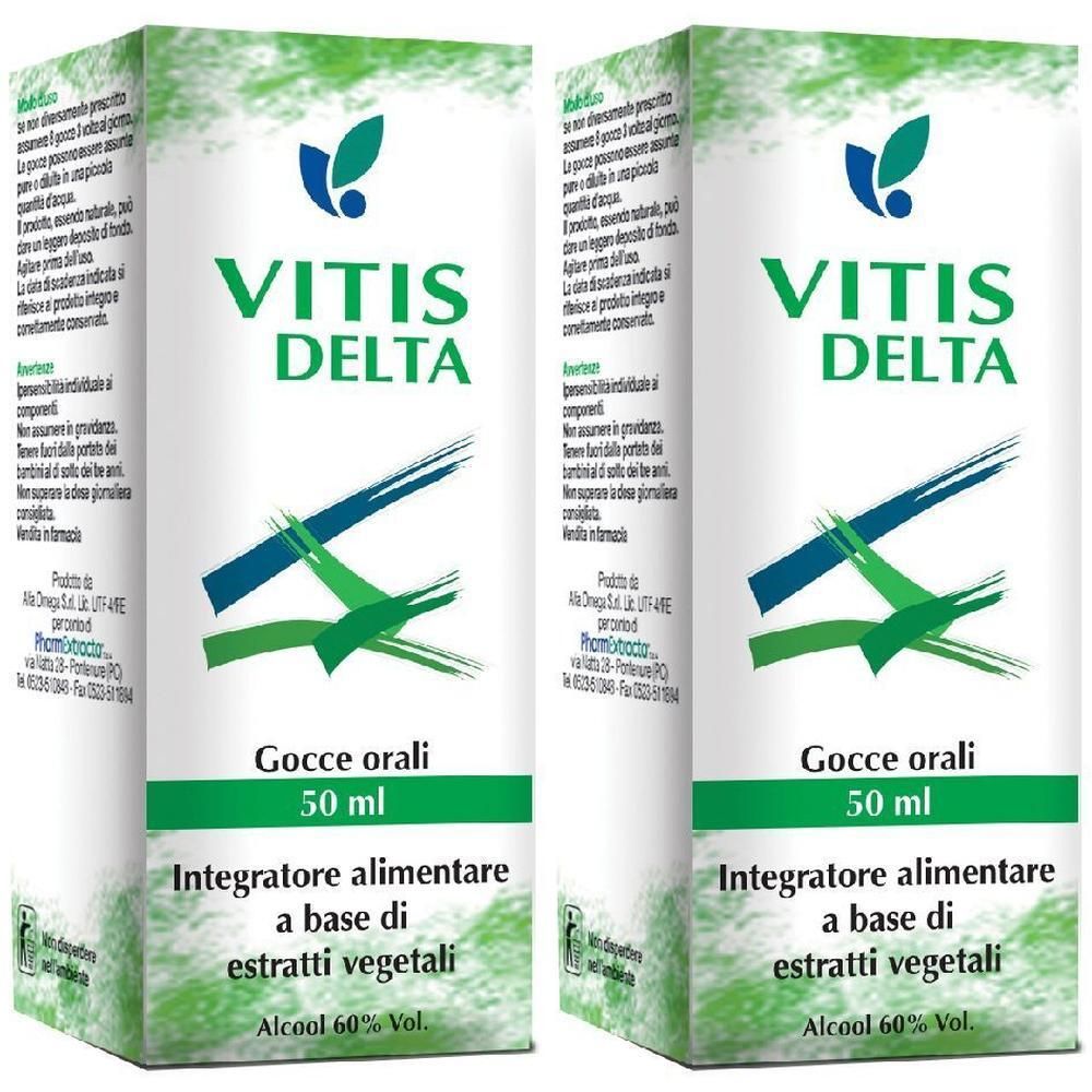Due confezioni di Vitis Delta, gocce orali, 50 ml, integratore alimentare a base di estratti vegetali.