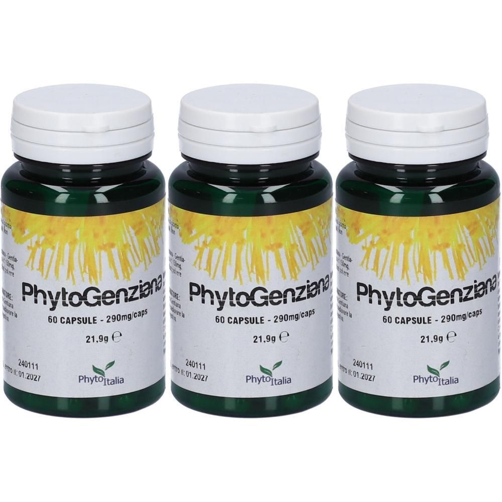 Tre flaconi di capsule PhytoGenziana, 60 capsule da 290mg ciascuna.