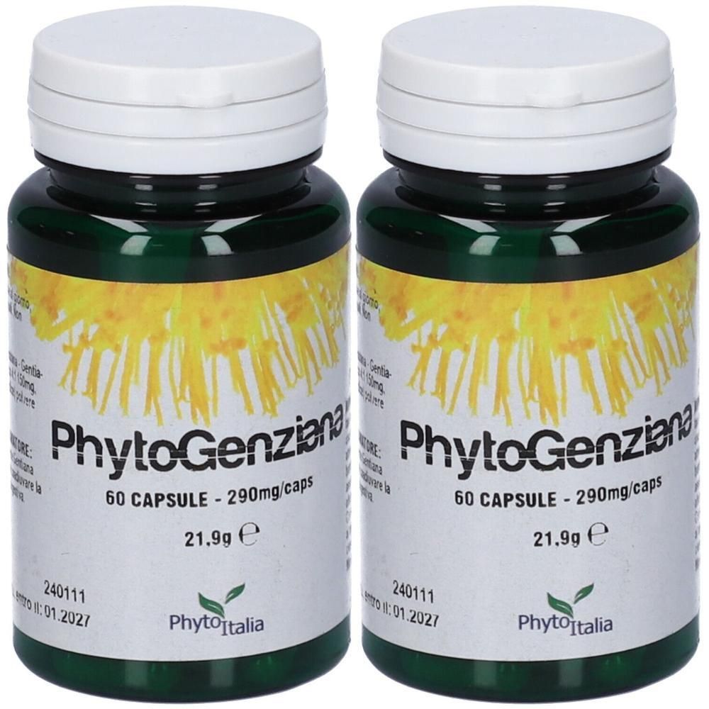 Due contenitori verdi di capsule Phytogenziana, 60 capsule da 290mg ciascuna.