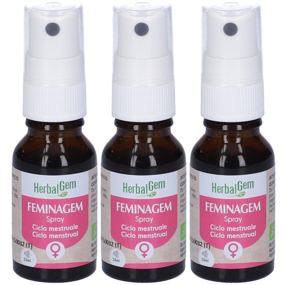 Tre flaconi spray marroni con etichetta: HerbalGem Feminagem Spray, Ciclo mestruale.