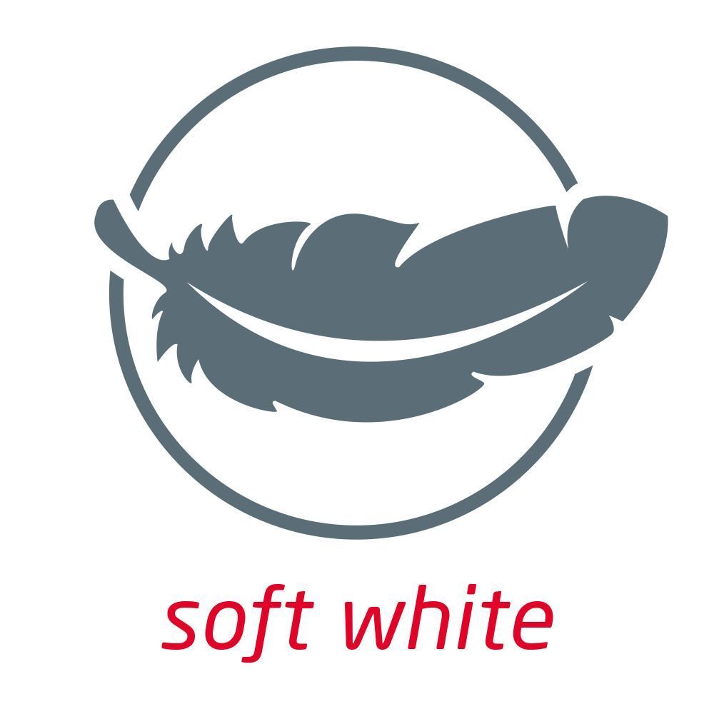 Simbolo di una piuma in un cerchio, sta per 'soft white'.
