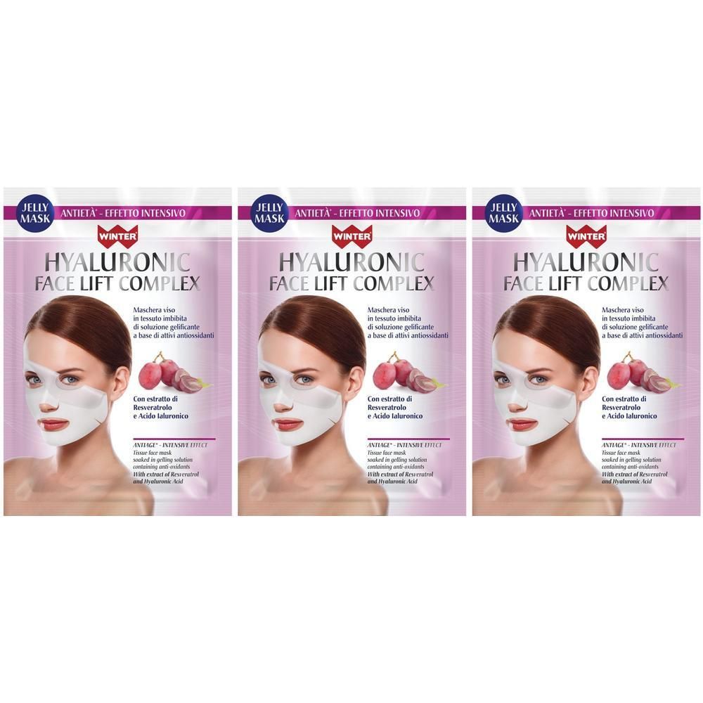 Tre confezioni di maschera viso Winter Hyaluronic Face Lift Complex con immagine di donna.