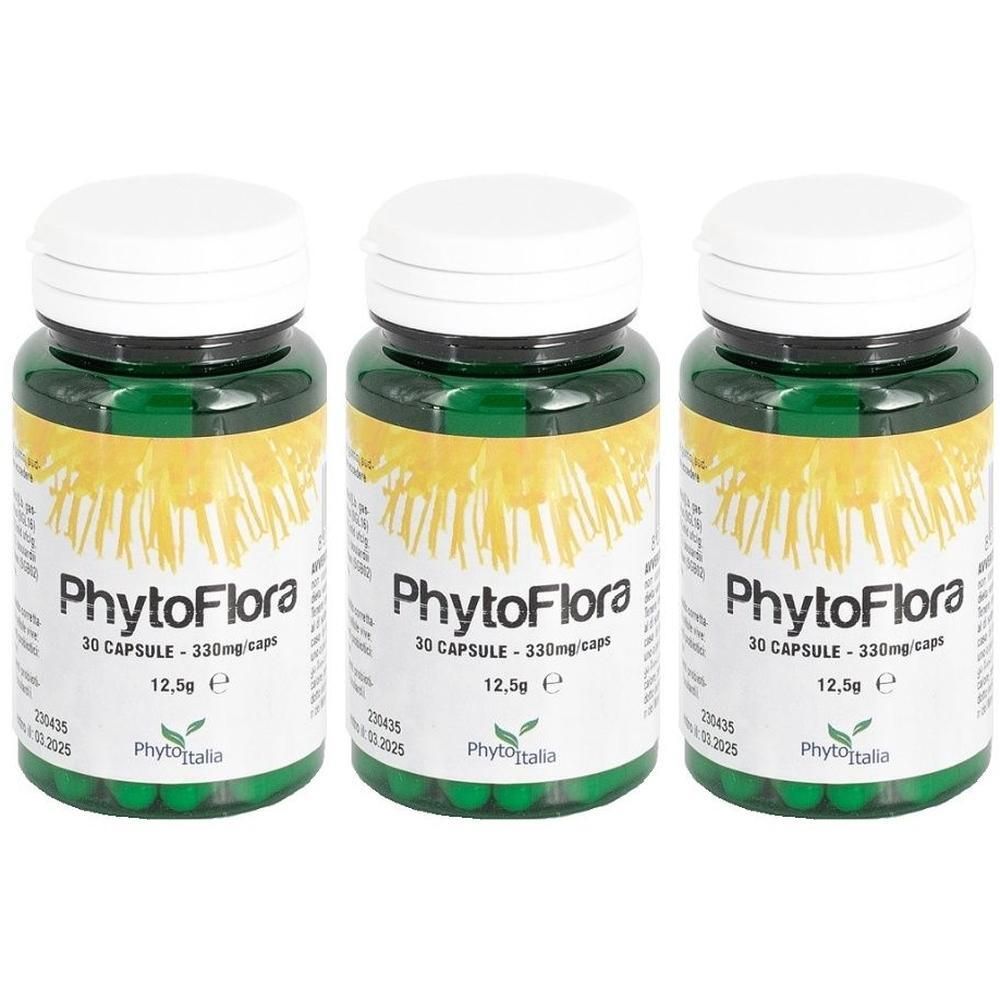 Tre flaconi verdi di capsule PhytoFlora, ciascuno da 30 capsule da 330mg.