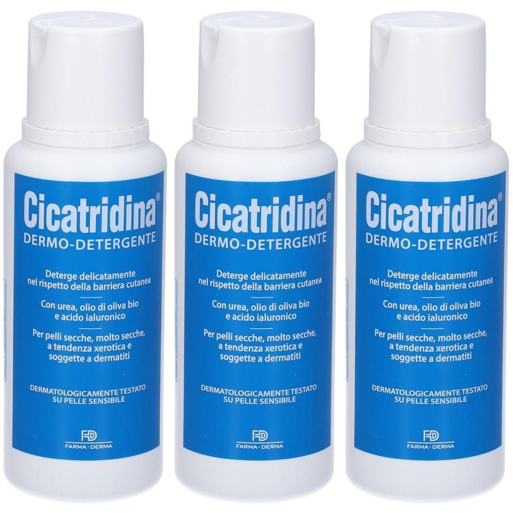 Tre flaconi di Cicatridina Dermo-Detergente con urea e acido ialuronico.