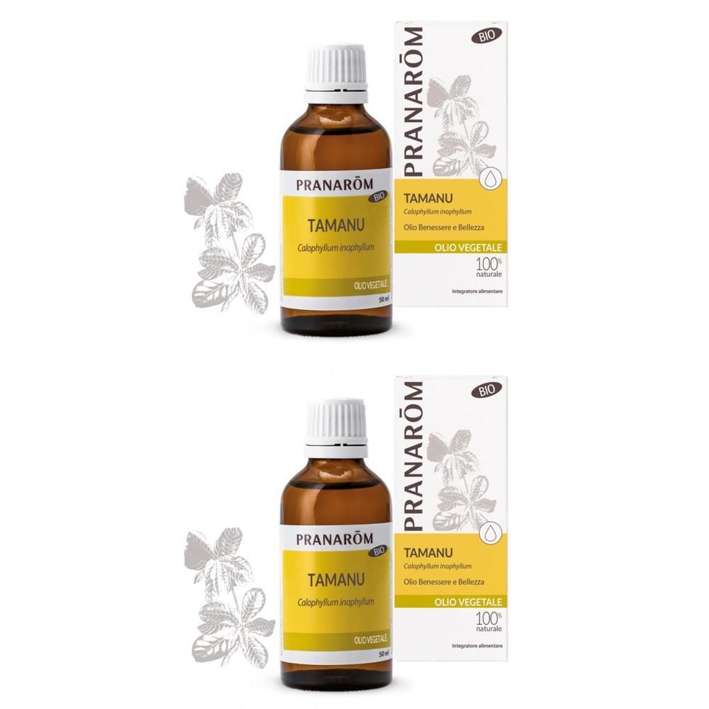Due flaconi di olio vegetale biologico Pranarom Tamanu con scatole.