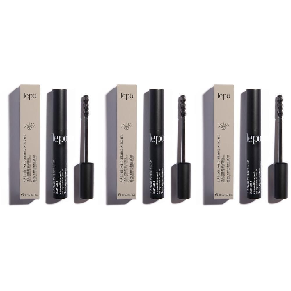 Tre set di mascara Lepo High Performance, ciascuno con tubetto nero e scovolino.