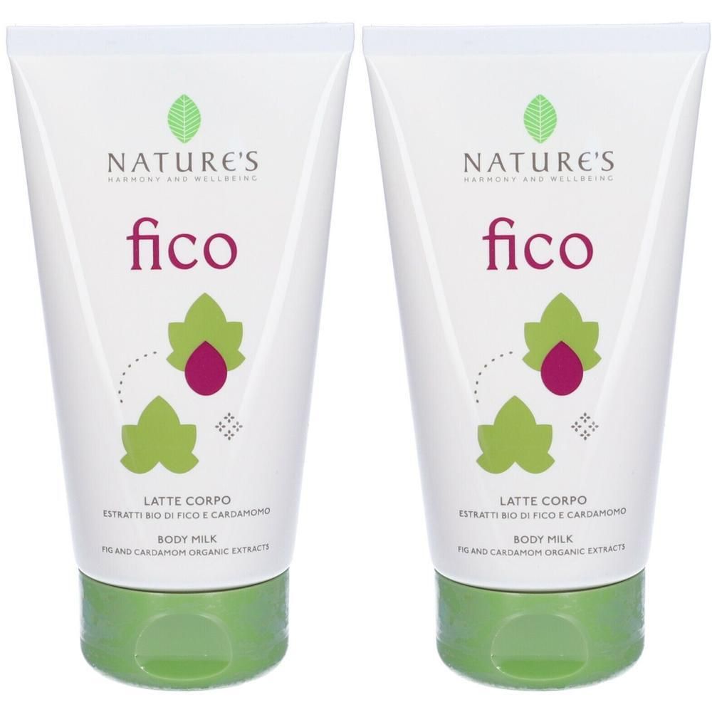 Due tubi bianchi di NATURE'S Fico Body Milk con tappi verdi. Mostra foglie di fico e un frutto.