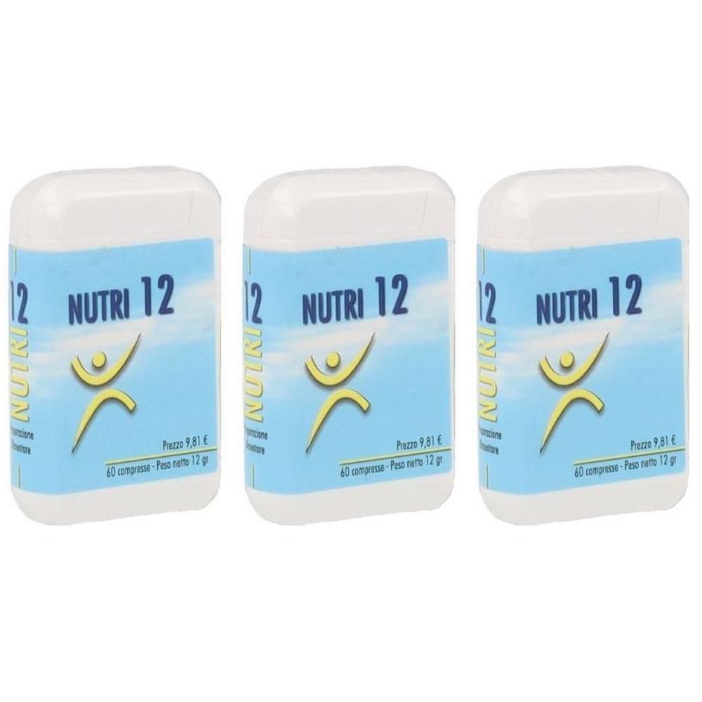 Tre contenitori bianchi con la scritta "NUTRI 12" e una figura umana stilizzata.