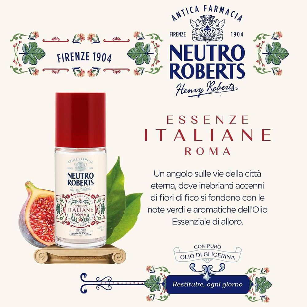 Flacone Neutro Roberts con tappo rosso, scritta Essenza Italiana Roma, fico e foglie.