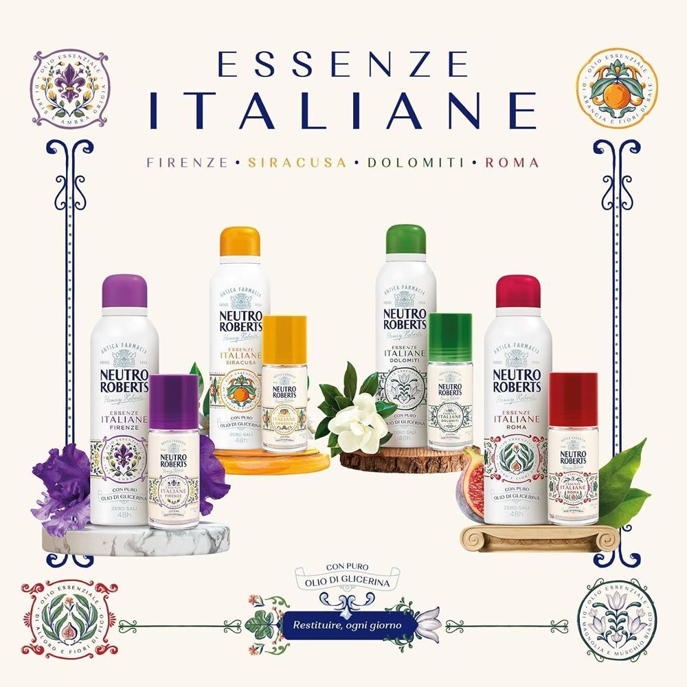 Diverse bottiglie e roll-on Neutro Roberts con essenze italiane in vari colori.