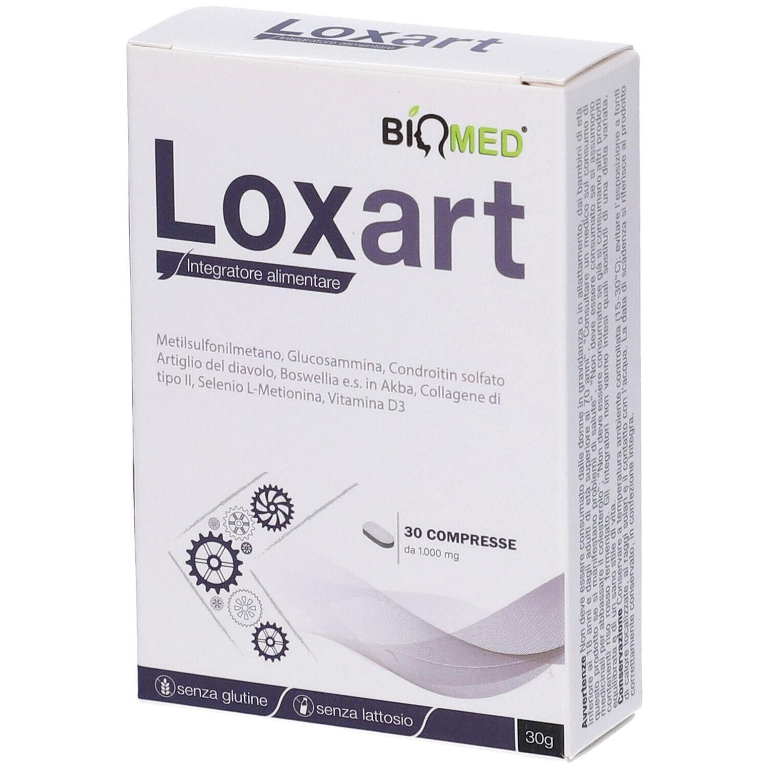 Loxart 30 compresse, integratore alimentare con glucosamina e condroitina. Senza glutine e lattosio.