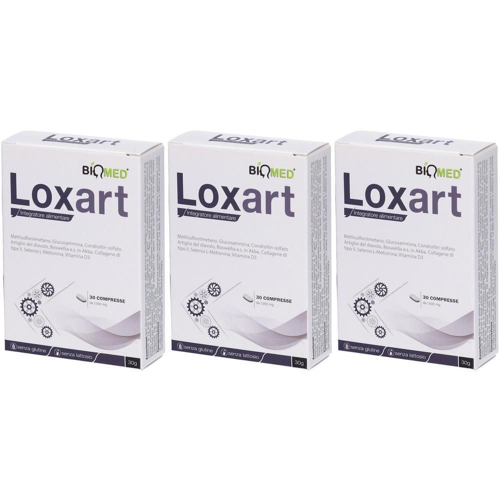 Tre confezioni di Loxart 30 compresse, con informazioni dettagliate sul prodotto e logo.