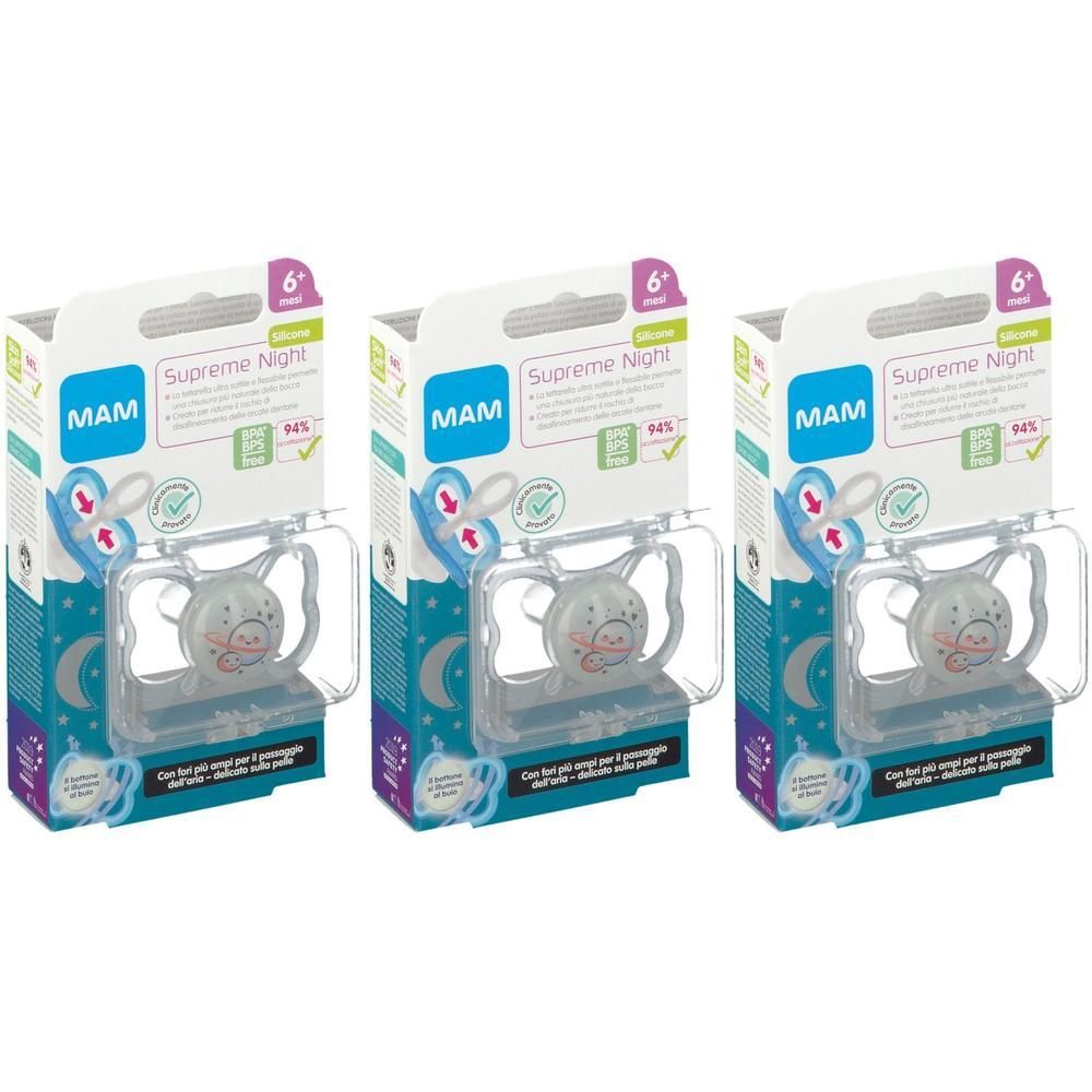 Tre succhietti MAM Supreme Night 6+ Mesi in confezione. Succhiotto grigio con motivo animale.