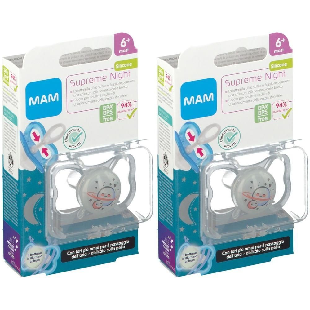 Due succhietti MAM Supreme Night in silicone per neonati dai 6 mesi, senza BPA/BPS.