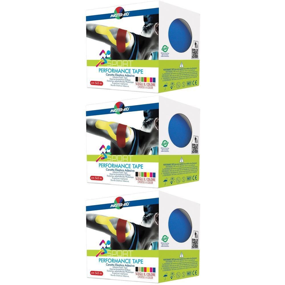 Tre confezioni di Master-Aid Sport Performance Tape, blu. Ogni confezione mostra un taping sulla spalla.