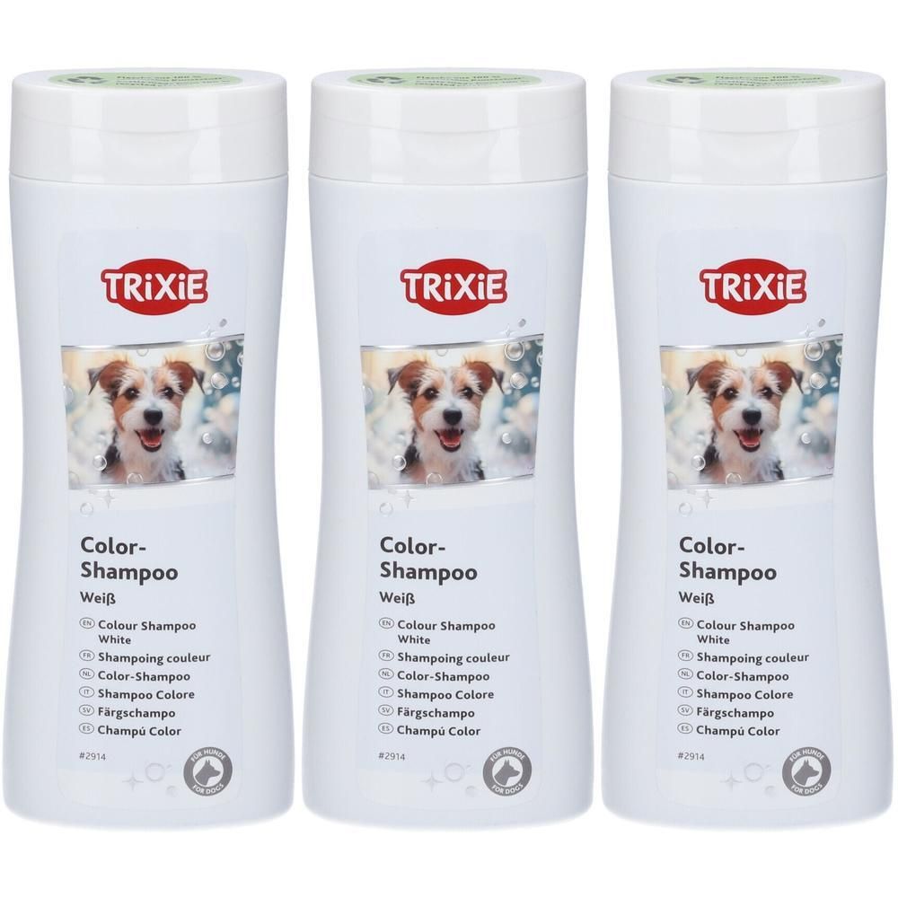 Tre flaconi di shampoo colorato Trixie Bianco con immagine di cane.