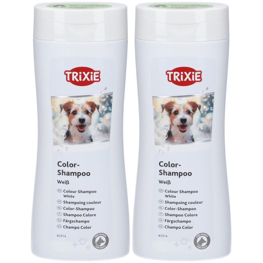 Due flaconi di shampoo colorato Trixie per cani bianchi, 250 ml.