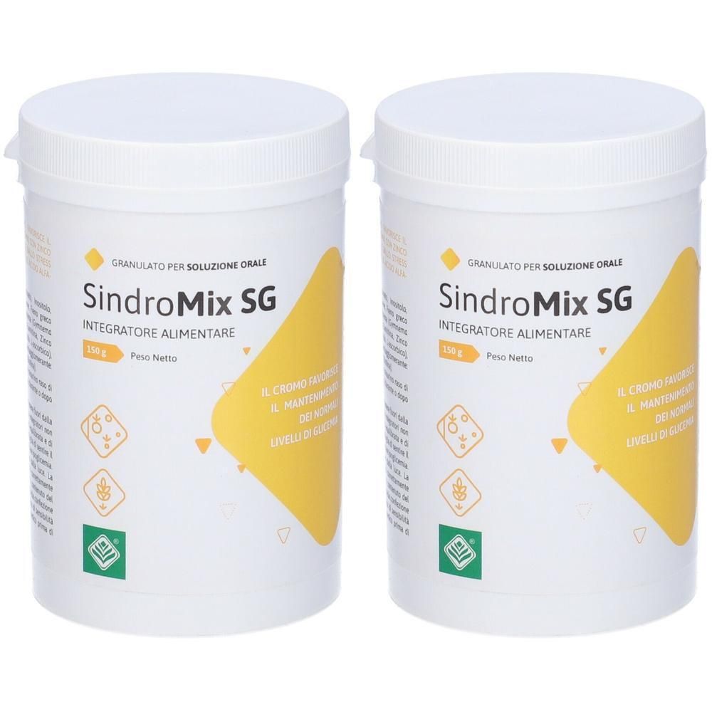 Due contenitori bianchi con granulato SindroMix SG per soluzione orale. 150g netti.