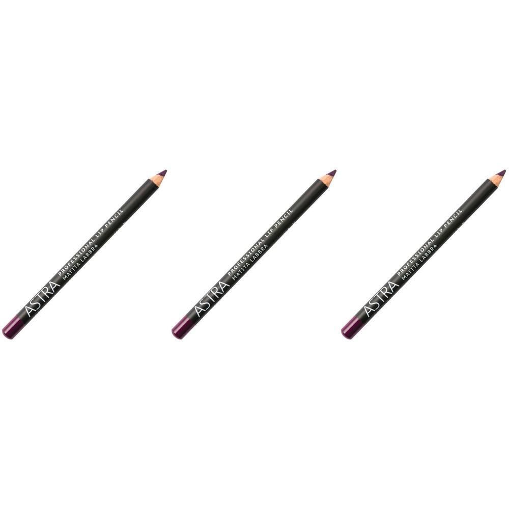 Tre matite labbra Astra viola scuro, con corpo nero e scritta argentata.
