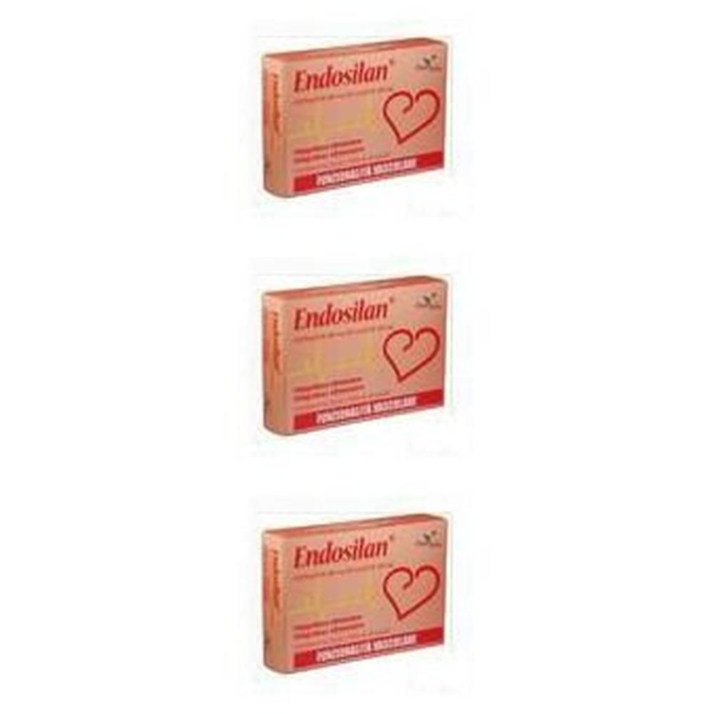 Tre confezioni di compresse Endosilan con simbolo a cuore sul fronte.